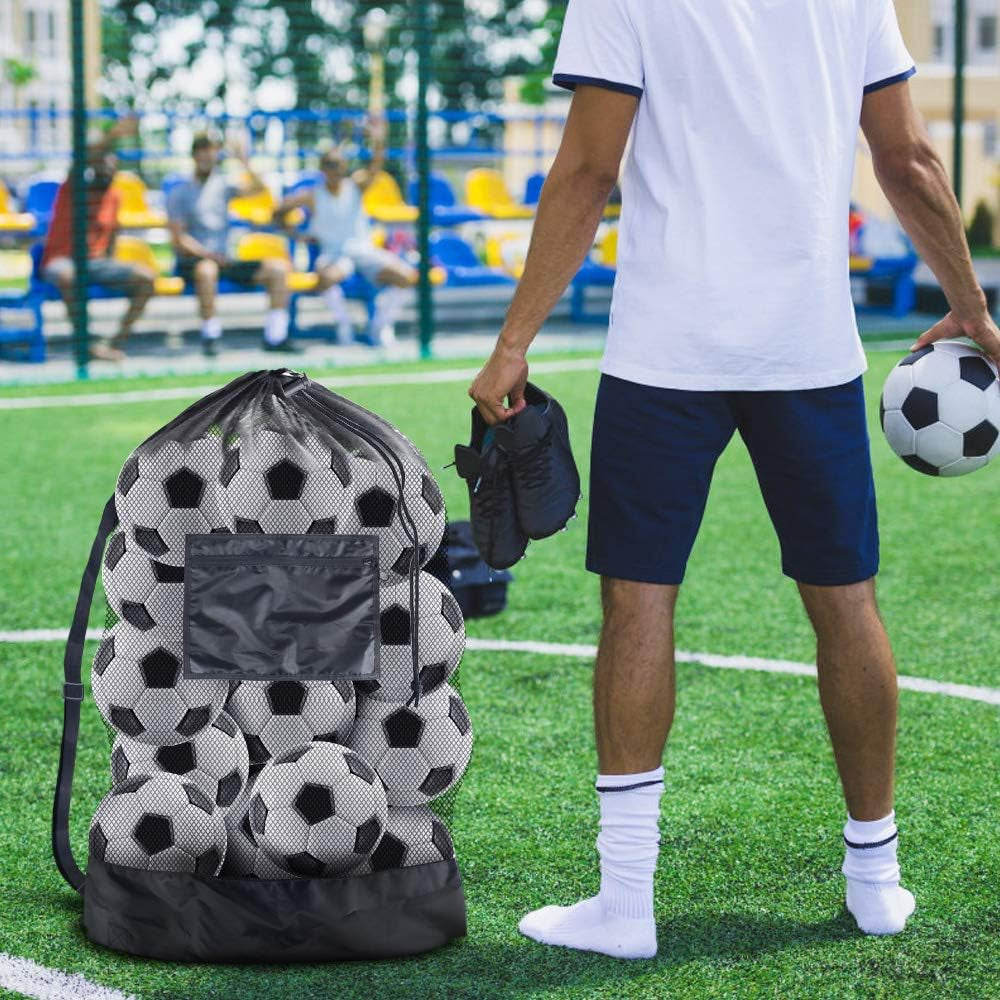 Thickened Extra Large Sports Ball Bag Mesh Socce Ball Bag Heavy Duty Drawstring Bags Team Work for Holding Basketball, Volleyball, Baseball, Swimming Gear with Shoulder Strap