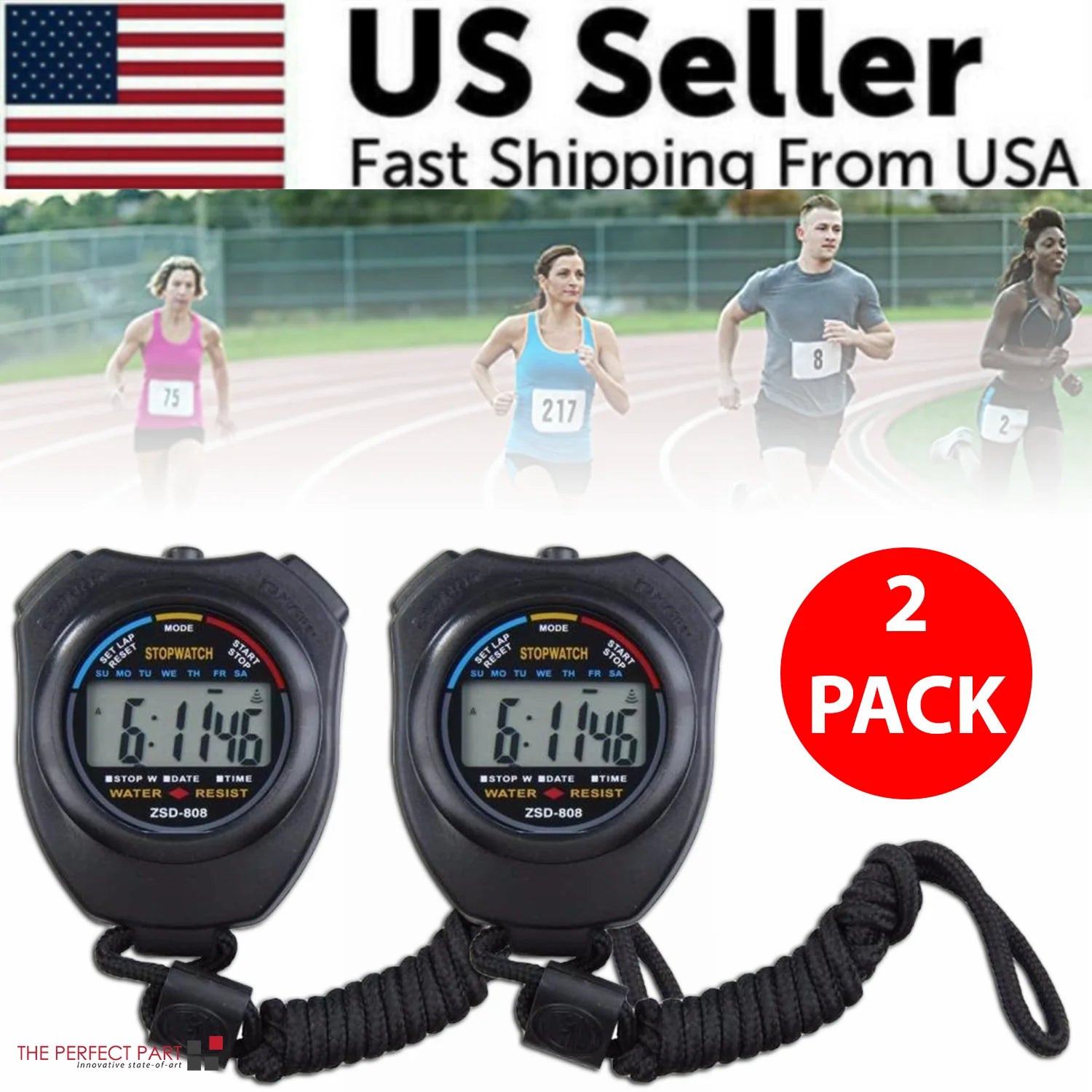 2-Piece Digital Stopwatch Sports Counter Chronograph with Date Timer and Odometer Function