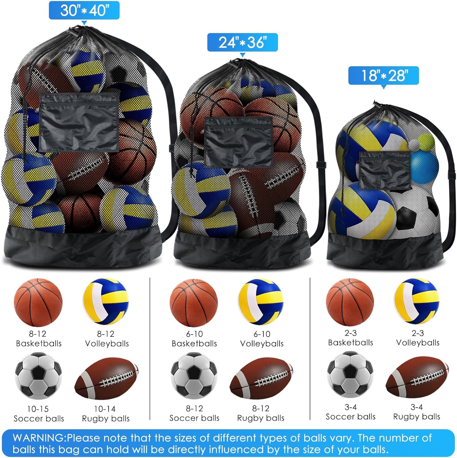 Thickened Extra Large Sports Ball Bag Mesh Socce Ball Bag Heavy Duty Drawstring Bags Team Work for Holding Basketball, Volleyball, Baseball, Swimming Gear with Shoulder Strap