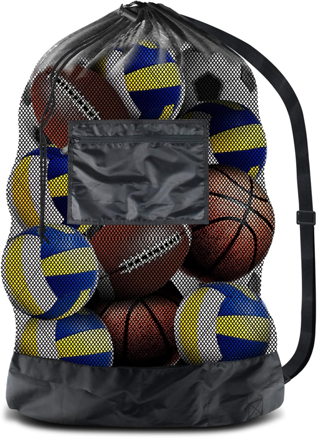 Thickened Extra Large Sports Ball Bag Mesh Socce Ball Bag Heavy Duty Drawstring Bags Team Work for Holding Basketball, Volleyball, Baseball, Swimming Gear with Shoulder Strap